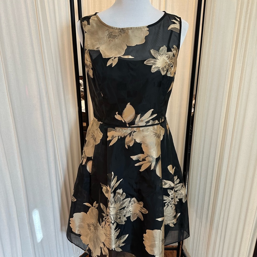 Elegant Black And Gold Floral Fit-and-Flare Dress - Picture 1 of 8